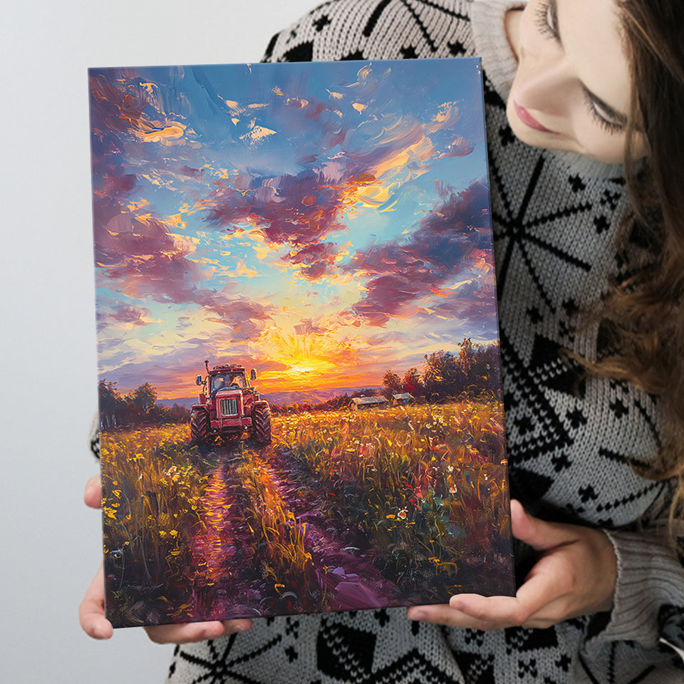 An Old Tractor in the Sunset Oil Painting, Canvas Prints Wall Art Decor, Painting Canvas