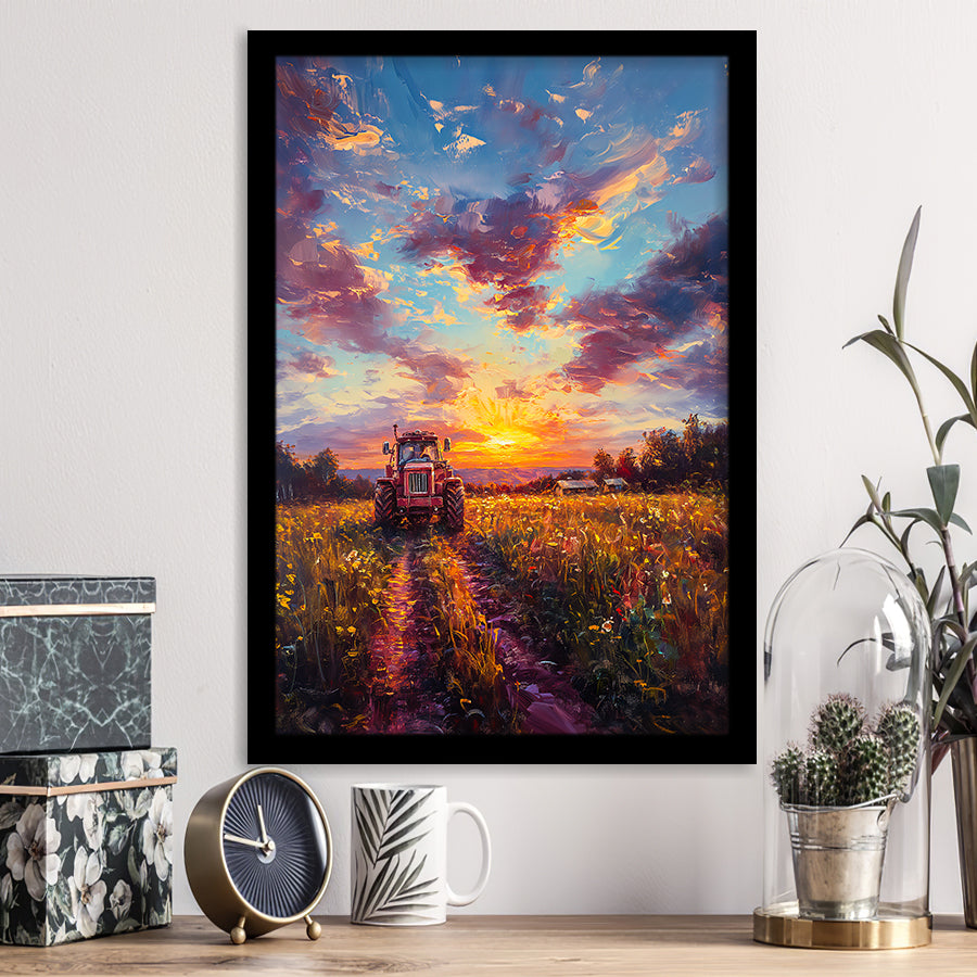An Old Tractor in the Sunset Oil Painting, Framed Art Prints Wall Art Decor, Framed Picture Print