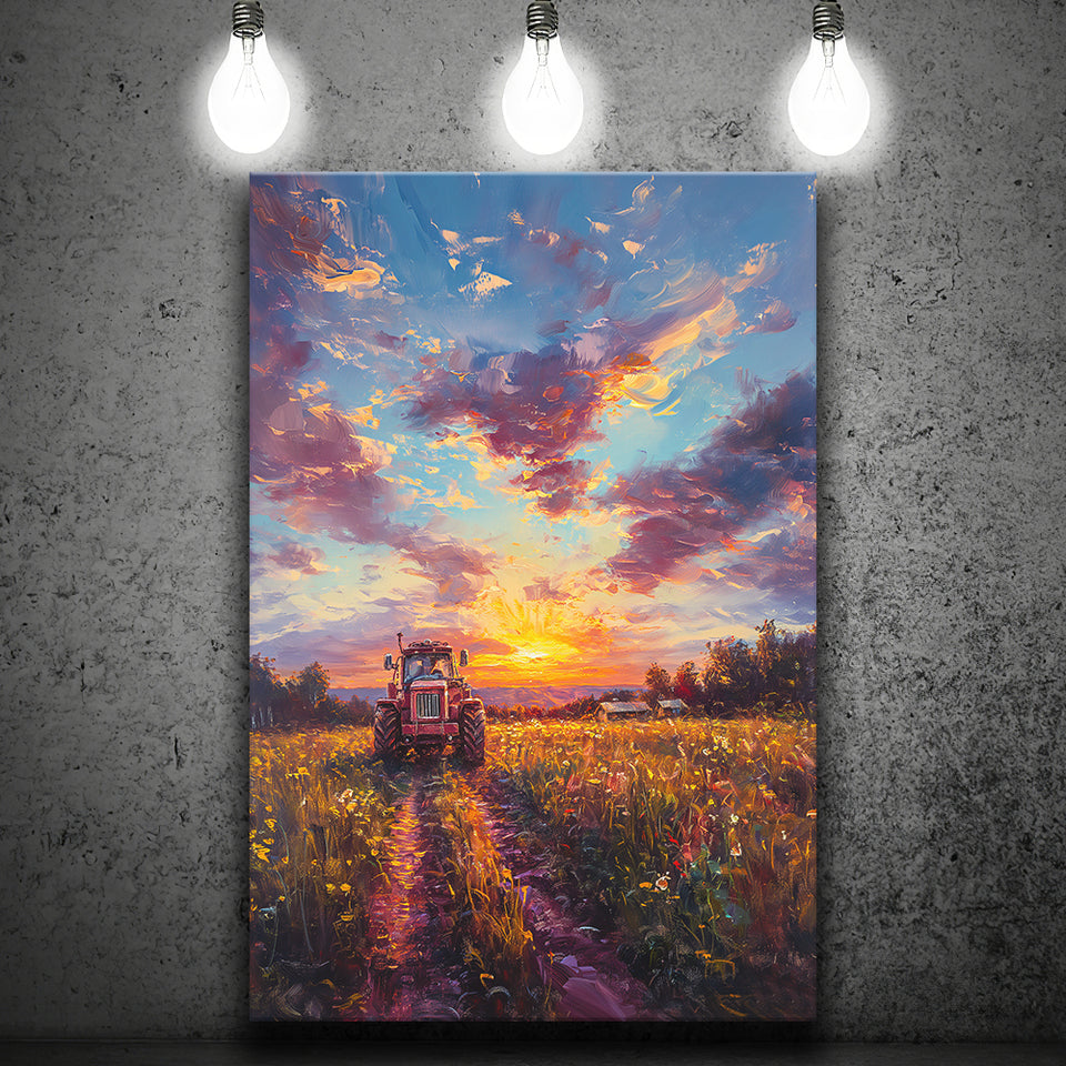 An Old Tractor in the Sunset Oil Painting, Canvas Prints Wall Art Decor, Painting Canvas