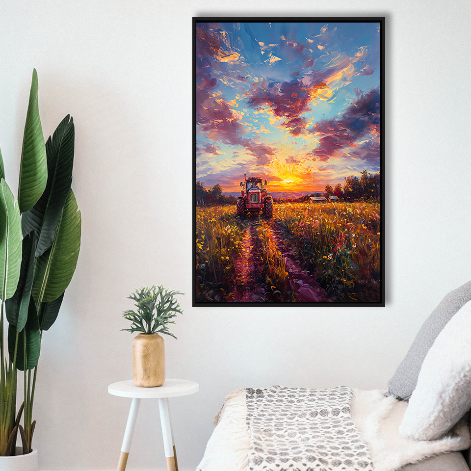 An Old Tractor in the Sunset Oil Painting, Framed Canvas Prints Wall Art Decor, Floating Frame