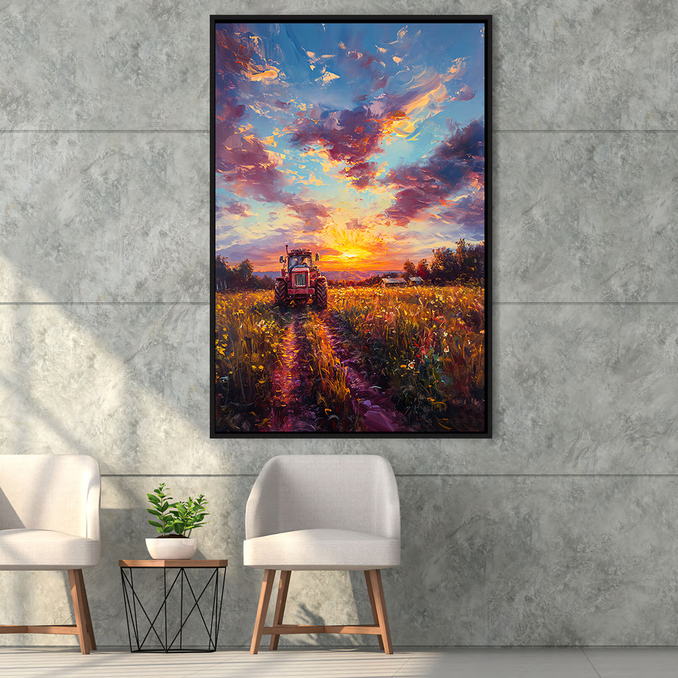 An Old Tractor in the Sunset Oil Painting, Framed Canvas Prints Wall Art Decor, Floating Frame