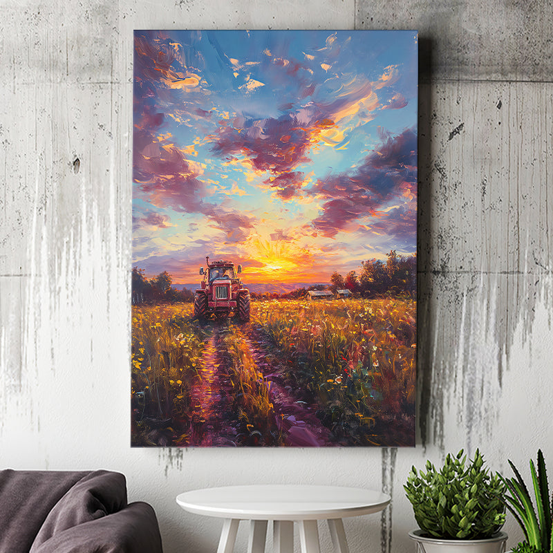 An Old Tractor in the Sunset Oil Painting, Canvas Prints Wall Art Decor, Painting Canvas