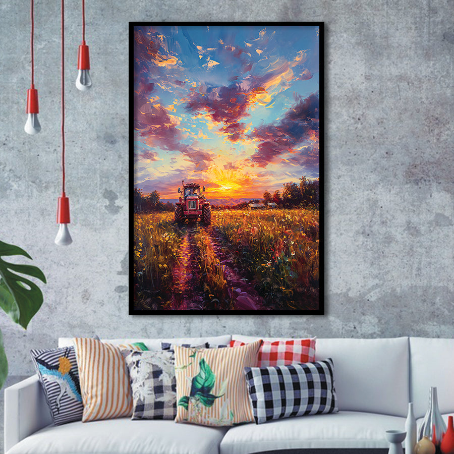 An Old Tractor in the Sunset Oil Painting, Framed Art Prints Wall Art Decor, Framed Picture Print