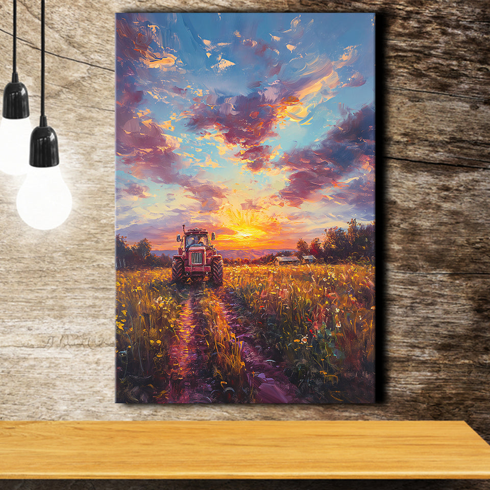 An Old Tractor in the Sunset Oil Painting, Canvas Prints Wall Art Decor, Painting Canvas