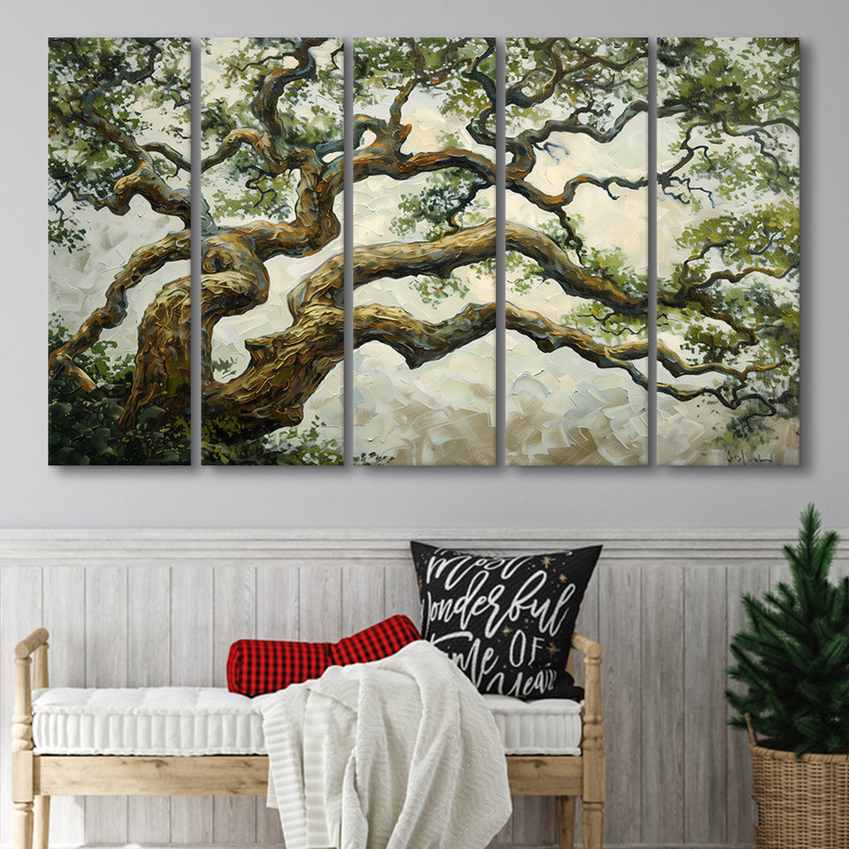 Angle Big Oak Tree Vintage Art, Extra Large Multi 5 Panel Canvas Print Wall Art Decor