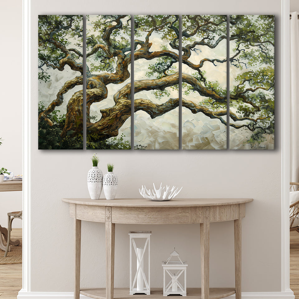 Angle Big Oak Tree Vintage Art, Extra Large Multi 5 Panel Canvas Print Wall Art Decor