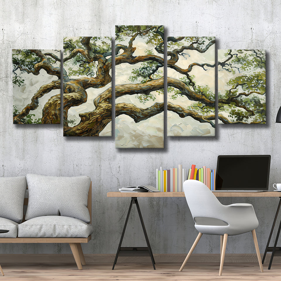 Angle Big Oak Tree Vintage Art, Multi Panel Canvas Print Wall Art Decor, 5 Mixed Panel
