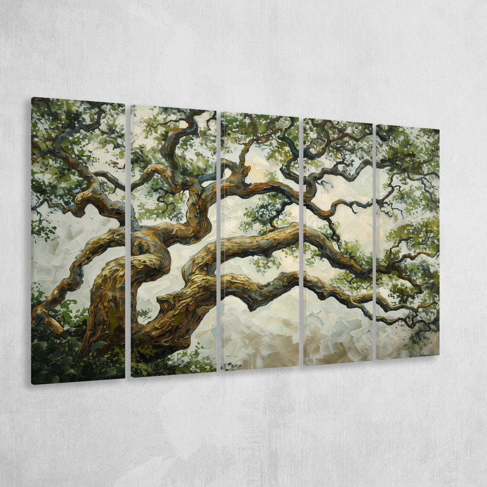 Angle Big Oak Tree Vintage Art, Extra Large Multi 5 Panel Canvas Print Wall Art Decor