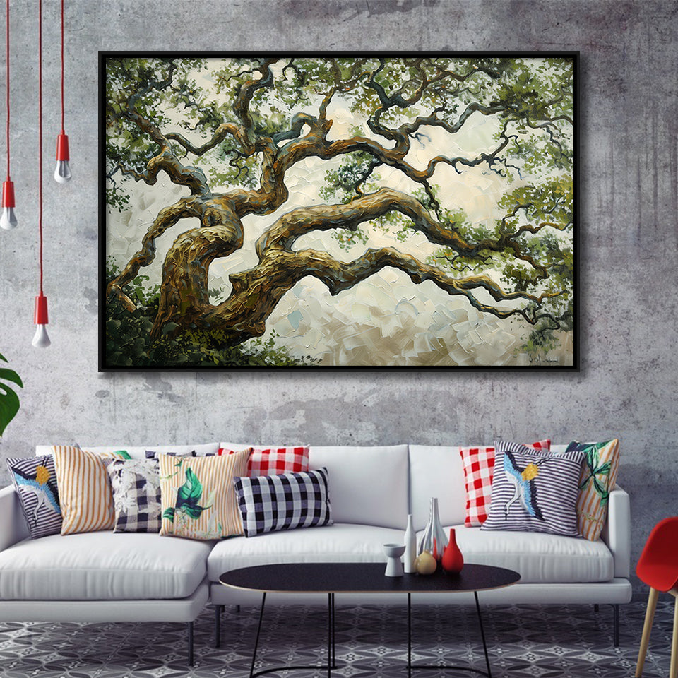 Angle Big Oak Tree Vintage Art, Framed Canvas Print Wall Art Decor,Floating Frame