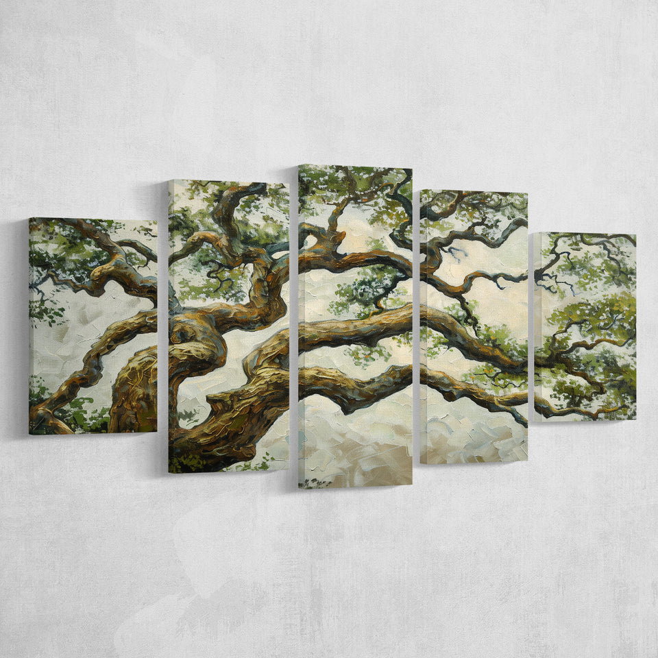 Angle Big Oak Tree Vintage Art, Multi Panel Canvas Print Wall Art Decor, 5 Mixed Panel