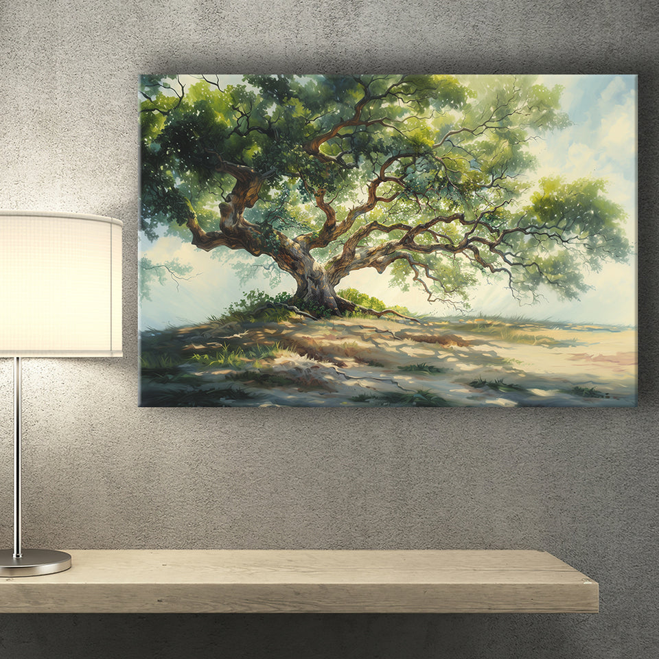 Angle Big Oak Tree Vintage Oil Painting, Canvas Print Wall Art Decor, Landscape Art Print