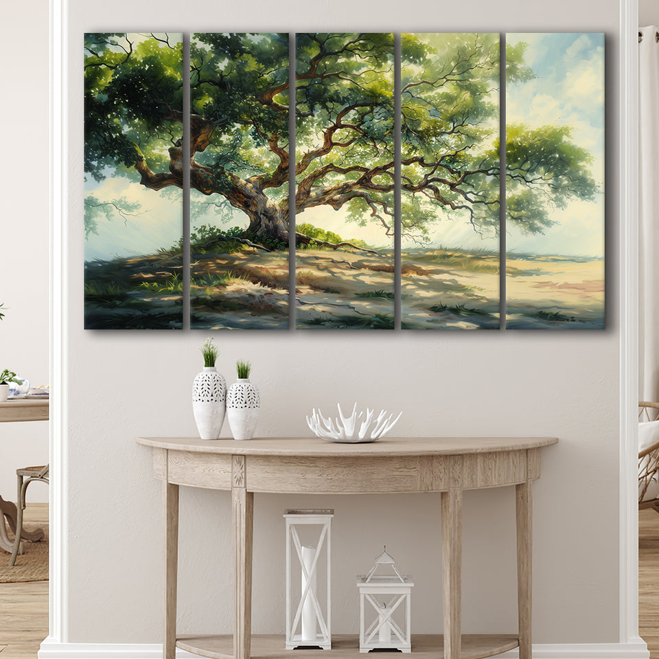 Angle Big Oak Tree Vintage Oil Painting, Extra Large Multi 5 Panel Canvas Print Wall Art Decor
