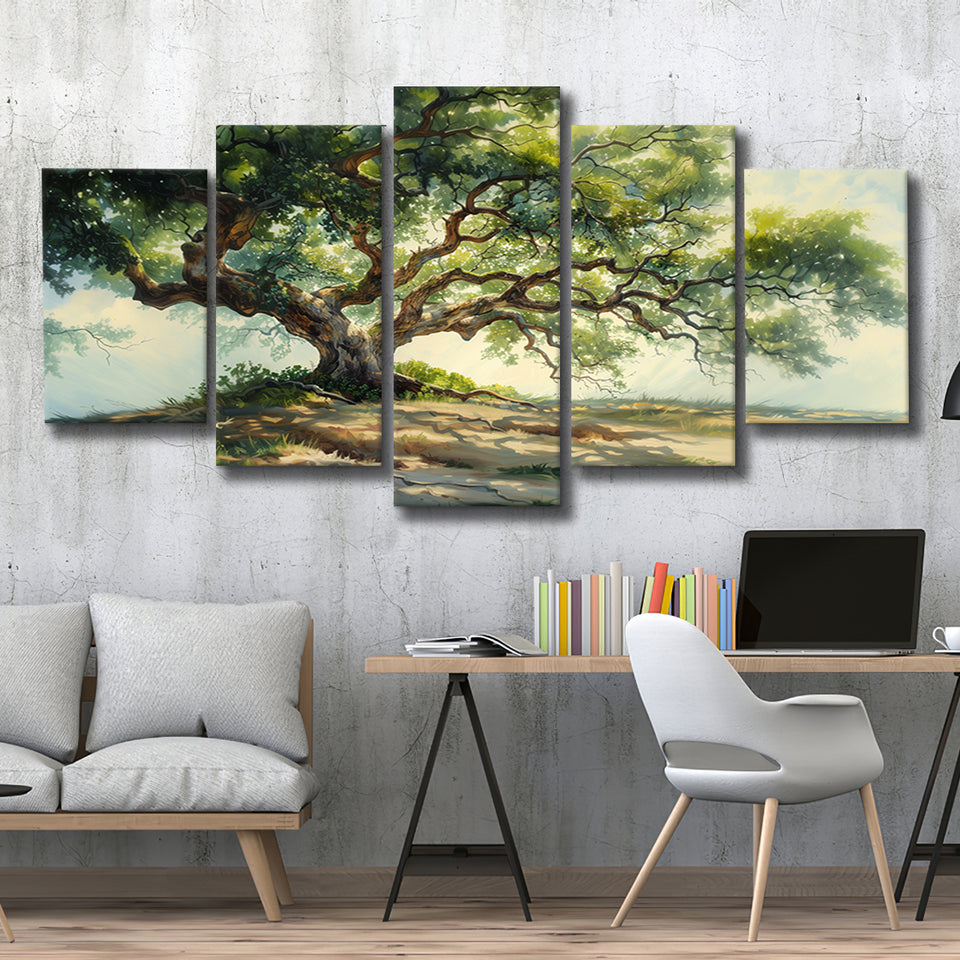 Angle Big Oak Tree Vintage Oil Painting, Multi Panel Canvas Print Wall Art Decor, 5 Mixed Panel