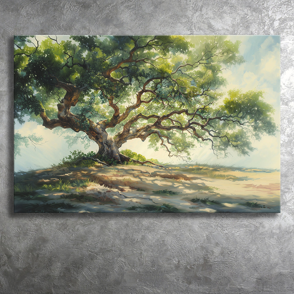 Angle Big Oak Tree Vintage Oil Painting, Canvas Print Wall Art Decor, Landscape Art Print