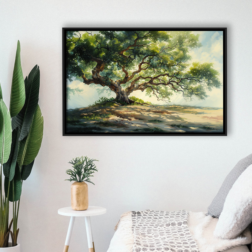 Angle Big Oak Tree Vintage Oil Painting, Framed Canvas Print Wall Art Decor,Floating Frame