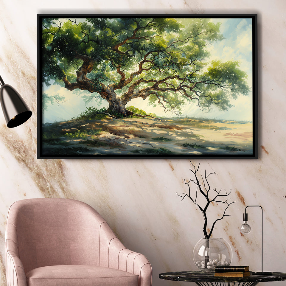Angle Big Oak Tree Vintage Oil Painting, Framed Canvas Print Wall Art Decor,Floating Frame