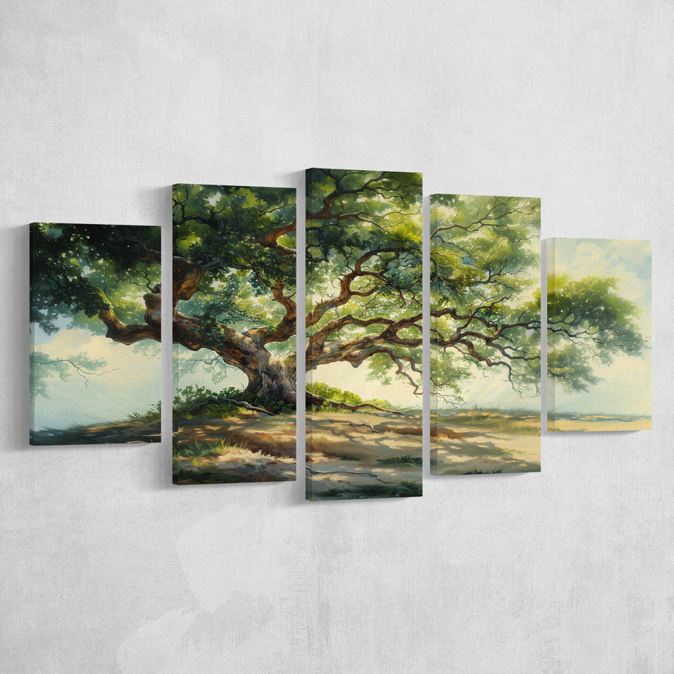 Angle Big Oak Tree Vintage Oil Painting, Multi Panel Canvas Print Wall Art Decor, 5 Mixed Panel