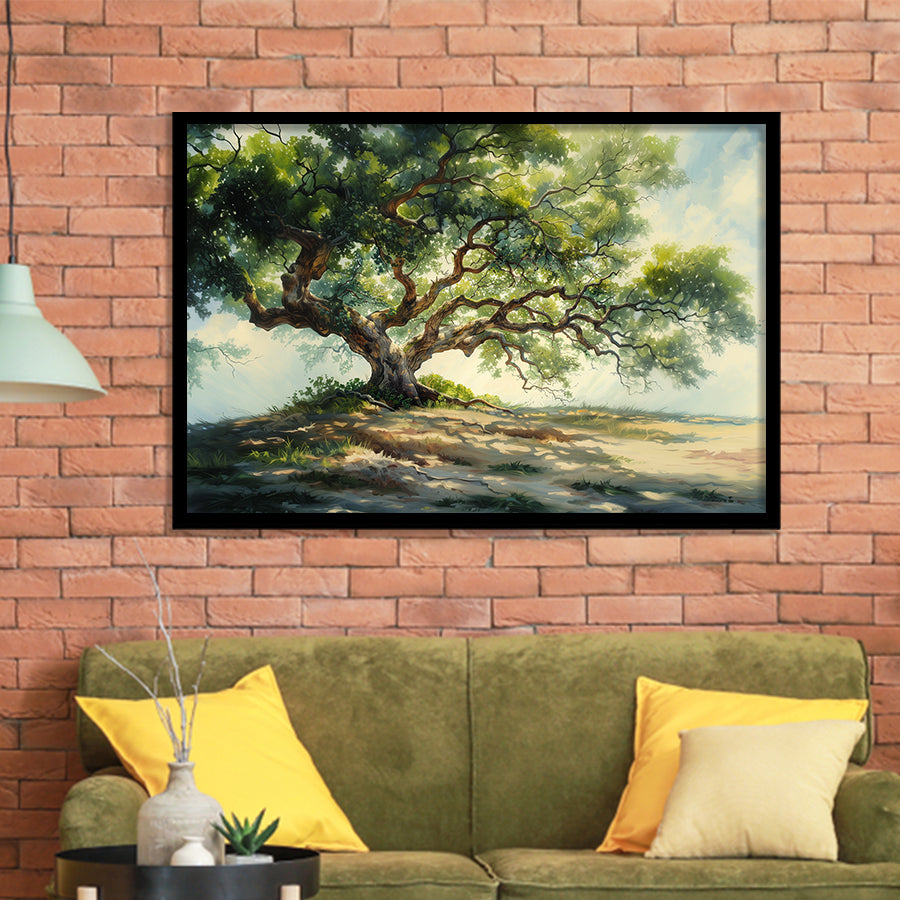 Angle Big Oak Tree Vintage Oil Painting, Framed Art Print Wall Decor, Framed Picture