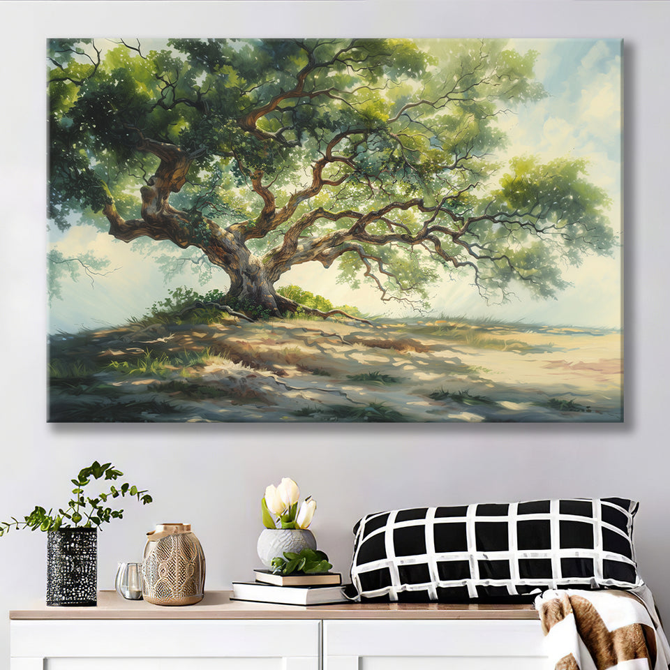 Angle Big Oak Tree Vintage Oil Painting, Canvas Print Wall Art Decor, Landscape Art Print