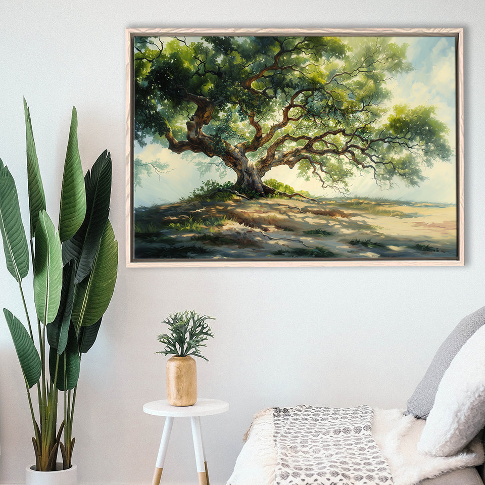 Angle Big Oak Tree Vintage Oil Painting, Framed Canvas Print Wall Art Decor,Floating Frame