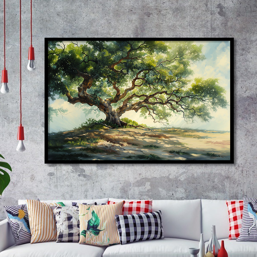 Angle Big Oak Tree Vintage Oil Painting, Framed Art Print Wall Decor, Framed Picture
