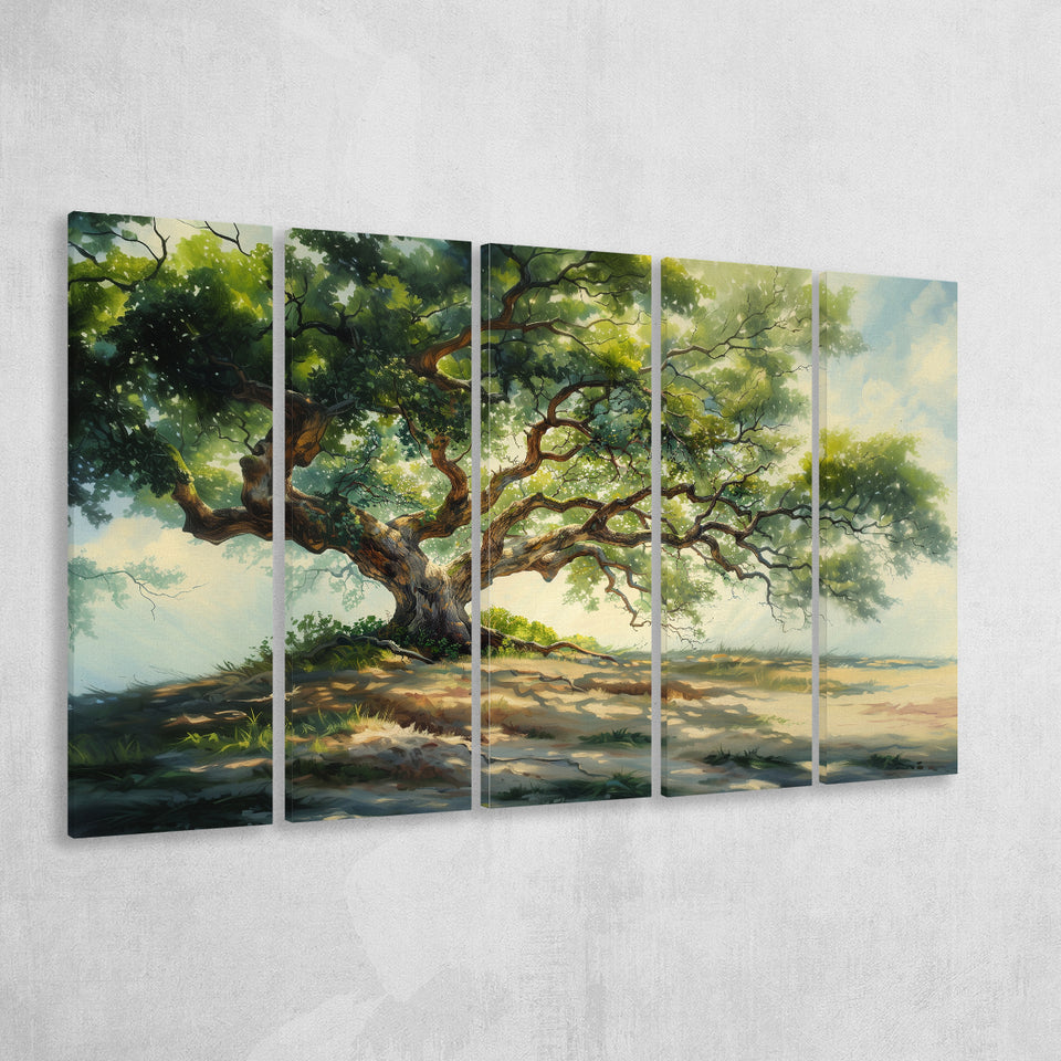 Angle Big Oak Tree Vintage Oil Painting, Extra Large Multi 5 Panel Canvas Print Wall Art Decor