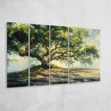 Angle Big Oak Tree Vintage Oil Painting, Extra Large Multi 5 Panel Canvas Print Wall Art Decor