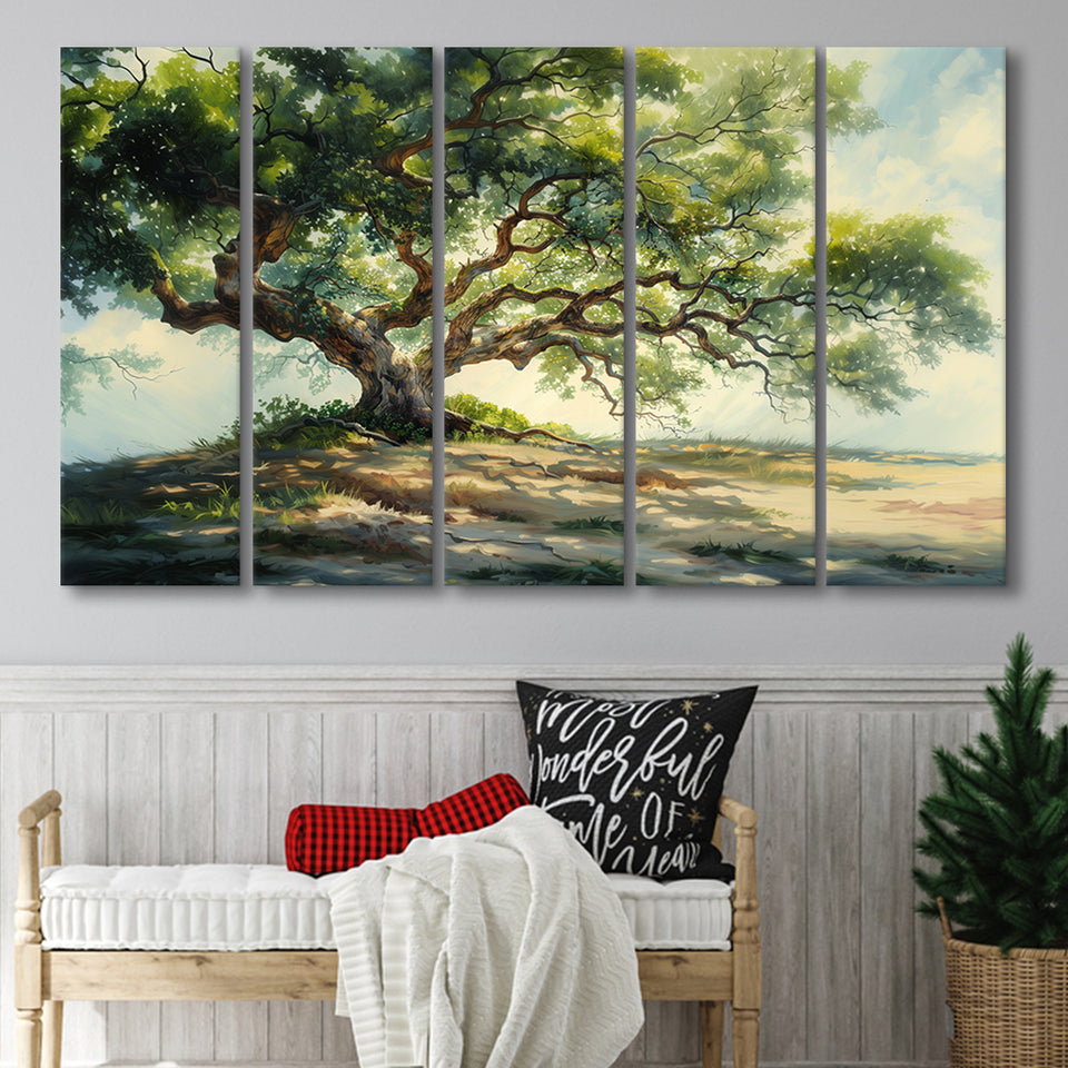 Angle Big Oak Tree Vintage Oil Painting, Extra Large Multi 5 Panel Canvas Print Wall Art Decor