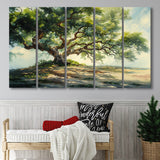 Angle Big Oak Tree Vintage Oil Painting, Extra Large Multi 5 Panel Canvas Print Wall Art Decor