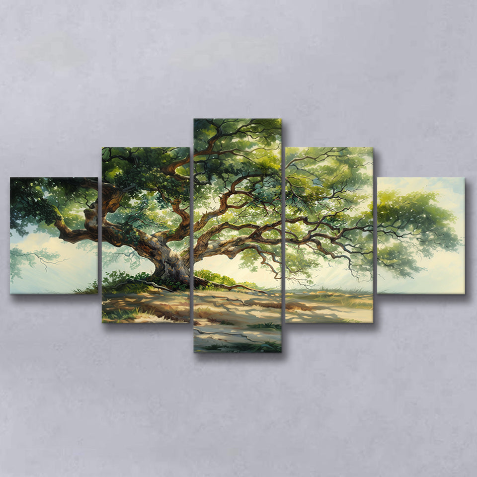 Angle Big Oak Tree Vintage Oil Painting, Multi Panel Canvas Print Wall Art Decor, 5 Mixed Panel