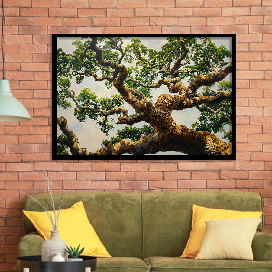 Angle Big Oak Tree Vintage Painting Art, Framed Art Print Wall Decor, Framed Picture