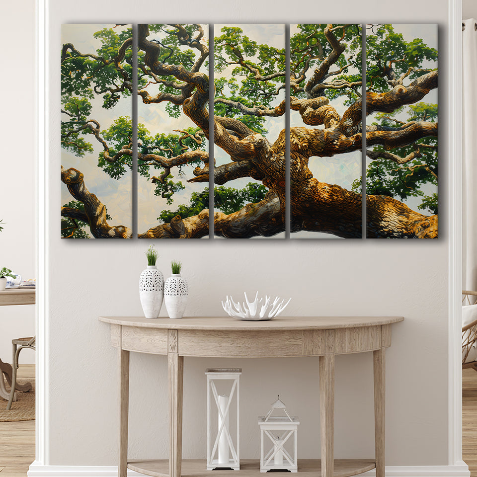Angle Big Oak Tree Vintage Painting Art, Extra Large Multi 5 Panel Canvas Print Wall Art Decor