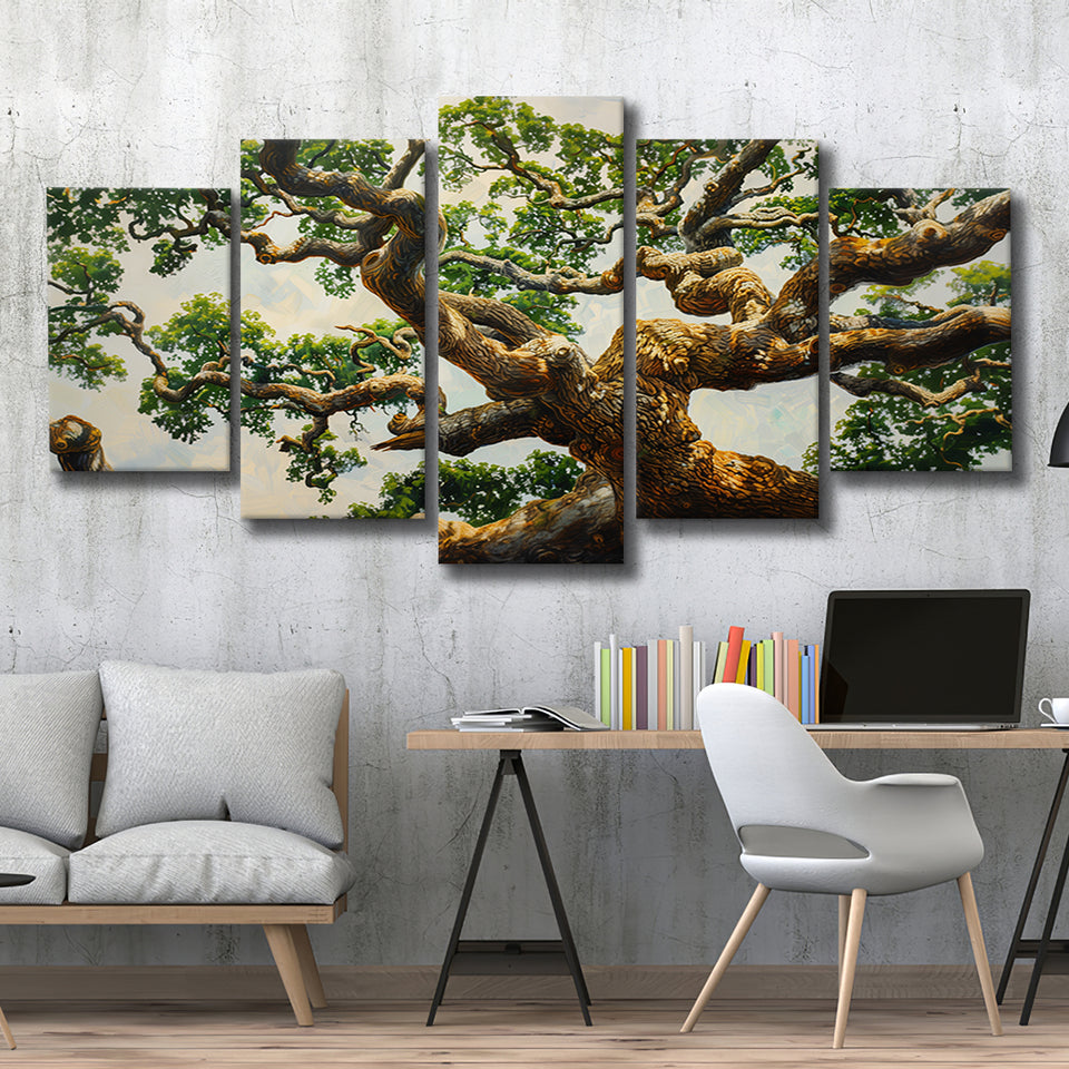 Angle Big Oak Tree Vintage Painting Art, Multi Panel Canvas Print Wall Art Decor, 5 Mixed Panel