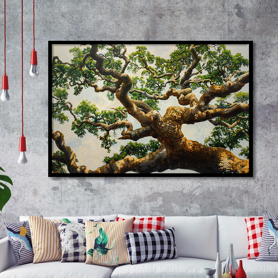 Angle Big Oak Tree Vintage Painting Art, Framed Art Print Wall Decor, Framed Picture