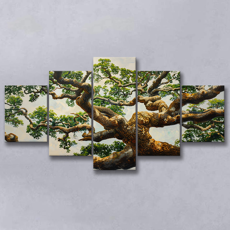 Angle Big Oak Tree Vintage Painting Art, Multi Panel Canvas Print Wall Art Decor, 5 Mixed Panel