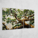 Angle Big Oak Tree Vintage Painting Art, Extra Large Multi 5 Panel Canvas Print Wall Art Decor