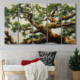 Angle Big Oak Tree Vintage Painting Art, Extra Large Multi 5 Panel Canvas Print Wall Art Decor
