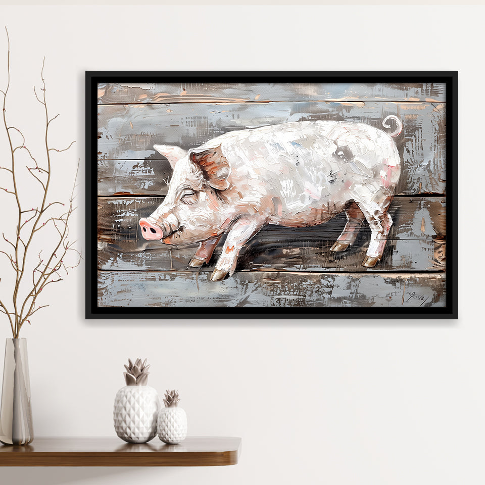 Animal Art, Pig Painted On Wood Background, Framed Canvas Print Wall Art Decor,Floating Frame