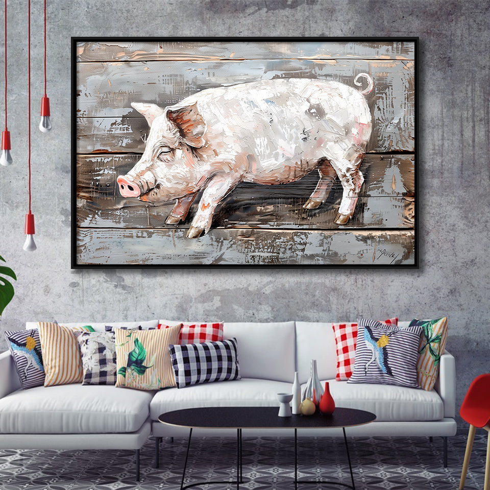 Animal Art, Pig Painted On Wood Background, Framed Canvas Print Wall Art Decor,Floating Frame