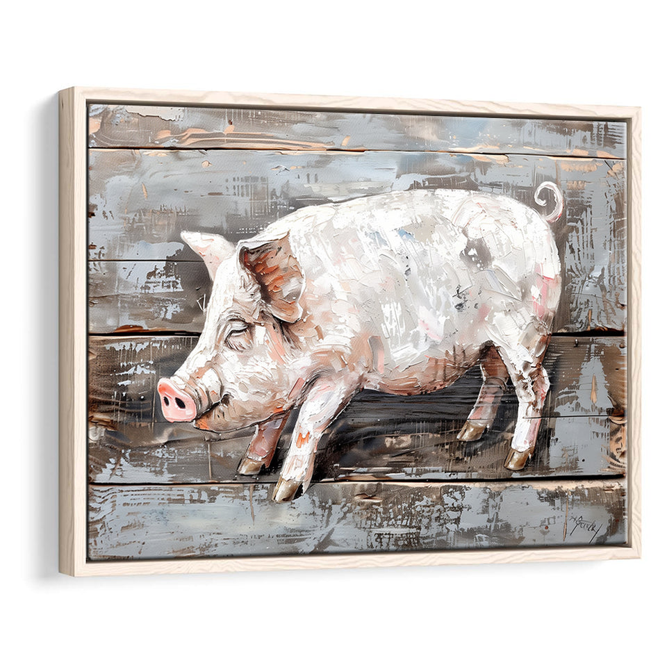 Animal Art, Pig Painted On Wood Background, Framed Canvas Print Wall Art Decor,Floating Frame