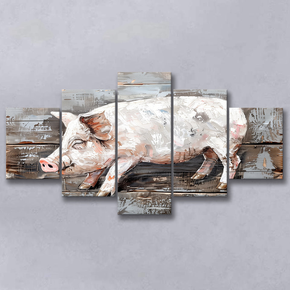 Animal Art, Pig Painted On Wood Background, Multi Panel Canvas Print Wall Art Decor, 5 Mixed Panel