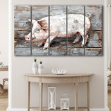Animal Art, Pig Painted On Wood Background, Extra Large Multi 5 Panel Canvas Print Wall Art Decor