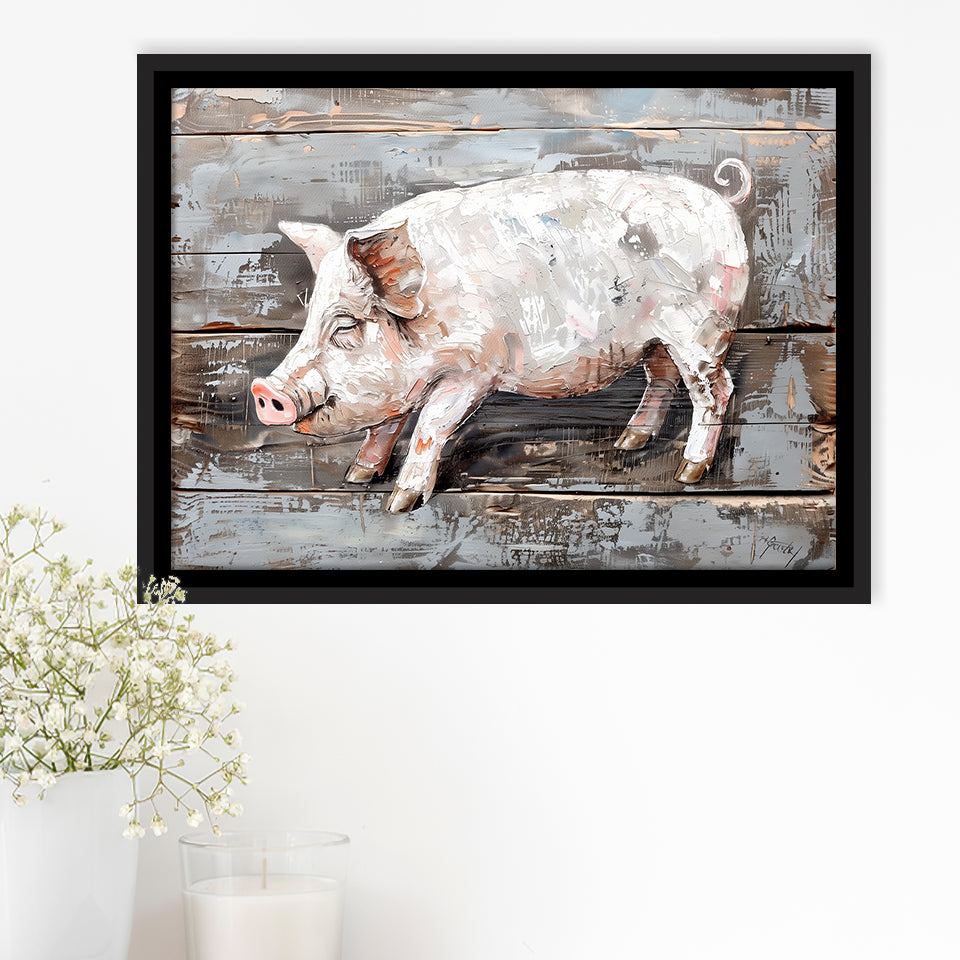 Animal Art, Pig Painted On Wood Background, Framed Canvas Print Wall Art Decor,Floating Frame