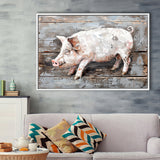 Animal Art, Pig Painted On Wood Background, Framed Canvas Print Wall Art Decor,Floating Frame