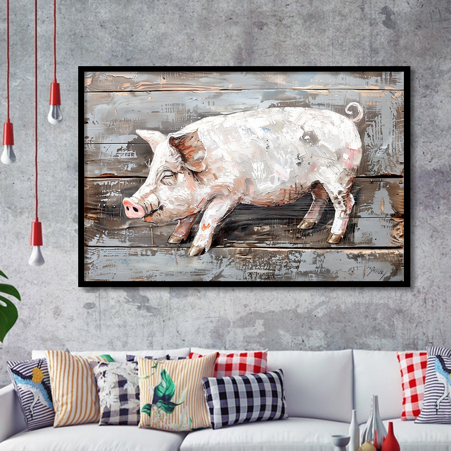 Animal Art, Pig Painted On Wood Background, Framed Art Print Wall Decor, Framed Picture