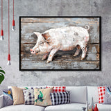 Animal Art, Pig Painted On Wood Background, Framed Art Print Wall Decor, Framed Picture
