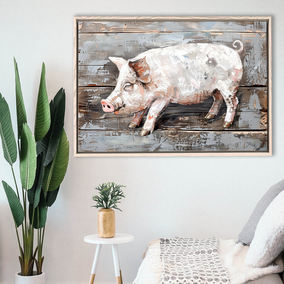 Animal Art, Pig Painted On Wood Background, Framed Canvas Print Wall Art Decor,Floating Frame
