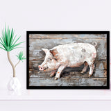 Animal Art, Pig Painted On Wood Background, Framed Art Print Wall Decor, Framed Picture