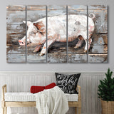 Animal Art, Pig Painted On Wood Background, Extra Large Multi 5 Panel Canvas Print Wall Art Decor