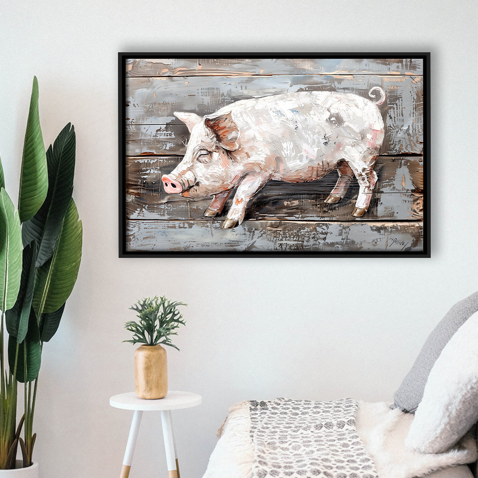 Animal Art, Pig Painted On Wood Background, Framed Canvas Print Wall Art Decor,Floating Frame